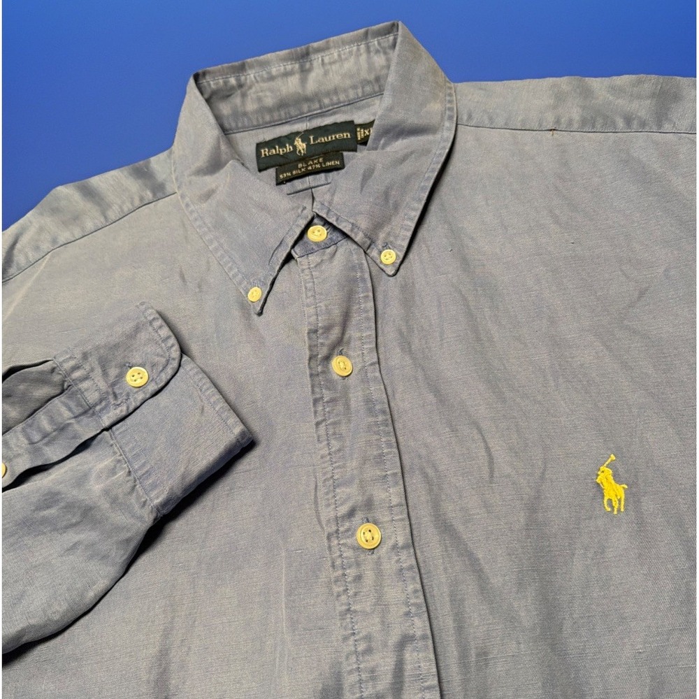 Ralph Lauren Blake Silk Linen Shirt Men Large Green Long Sleeve Button Down Pony